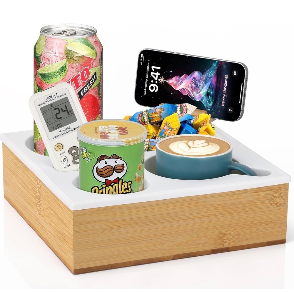 White Bamboo Couch Caddy Tray Rotatable Holder Snack Drink Remote Organizer